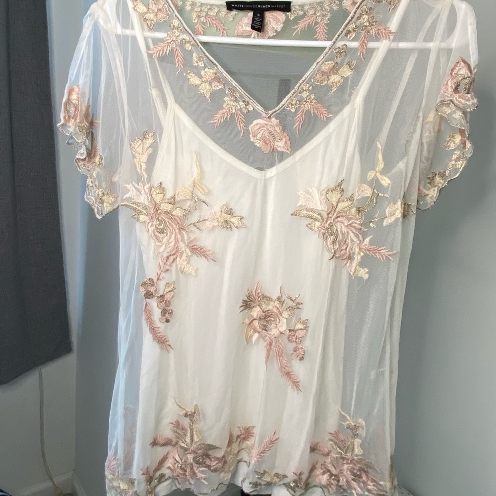 White House Black Market Sheer Embroidered Blouse